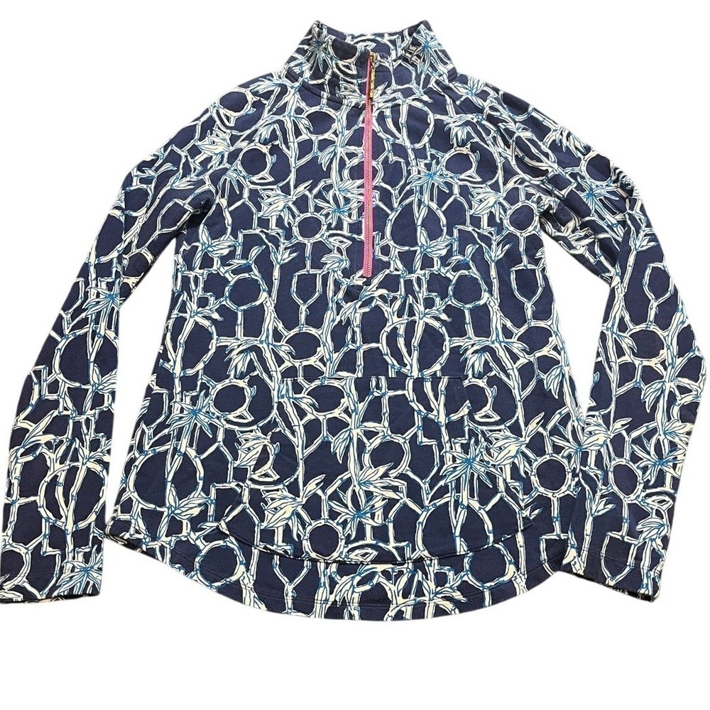 Lilly Pulitzer Popover XS Blue Bamboo Print Quarter Zip Pullover Sweatshirt‎